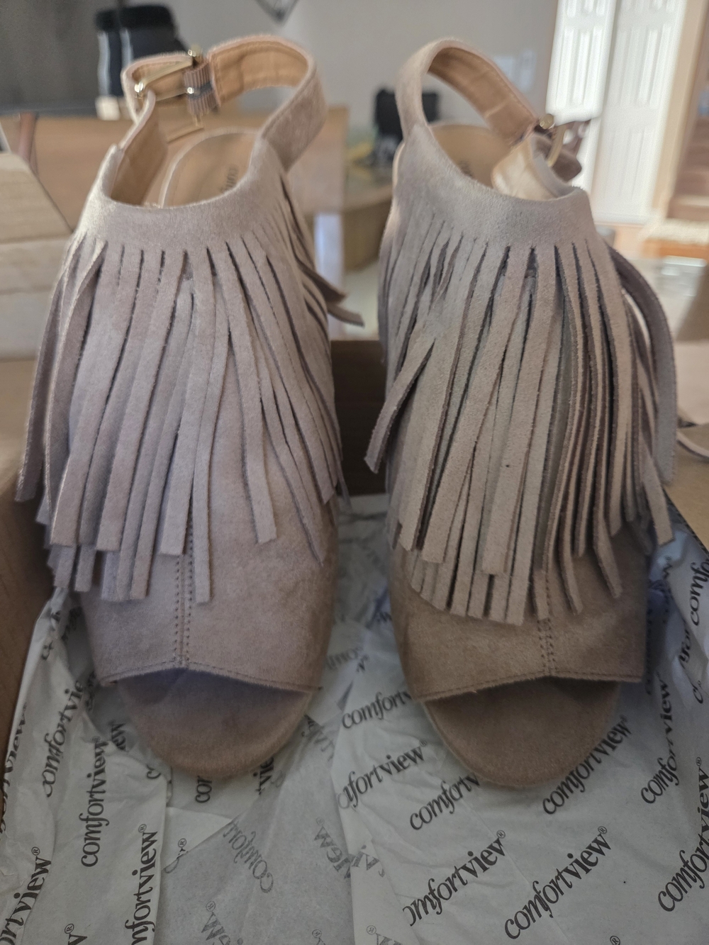 comfortview Taupe Fringe Open-Toe Slingback Heels